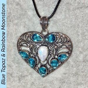 Blue Topaz & Rainbow Moonstone Gemstone Handmade Filigree Heart Pendant